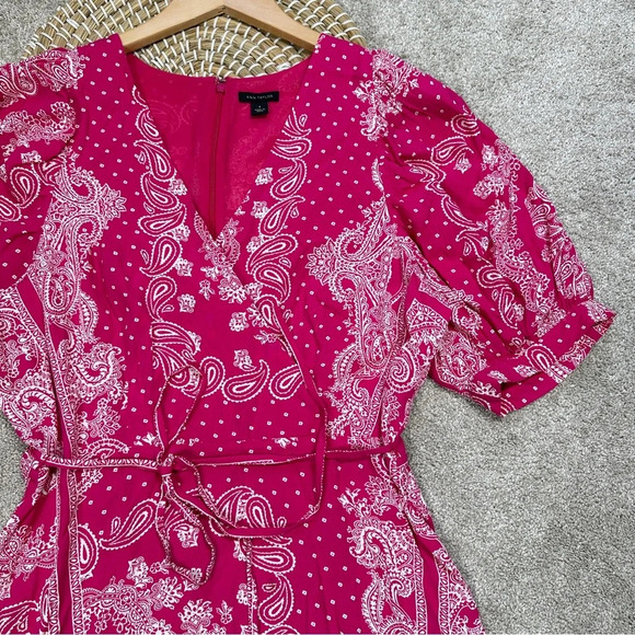 Ann Taylor Bandana Paisley Wrap Maxi Dress V-Neck Shortsleeve Hi-Low Pink Boho 8 - Picture 5 of 15